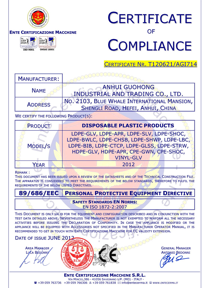 CE  Certificates for Non Woven Products 